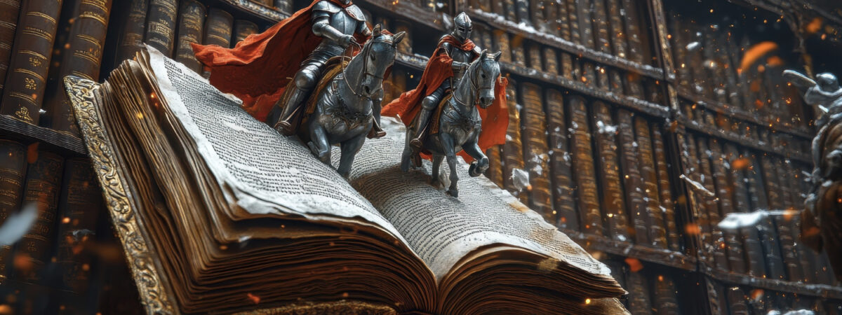 Two men on horses riding on an open book in a library
