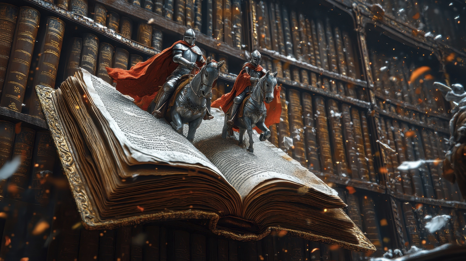 Two men on horses riding on an open book in a library
