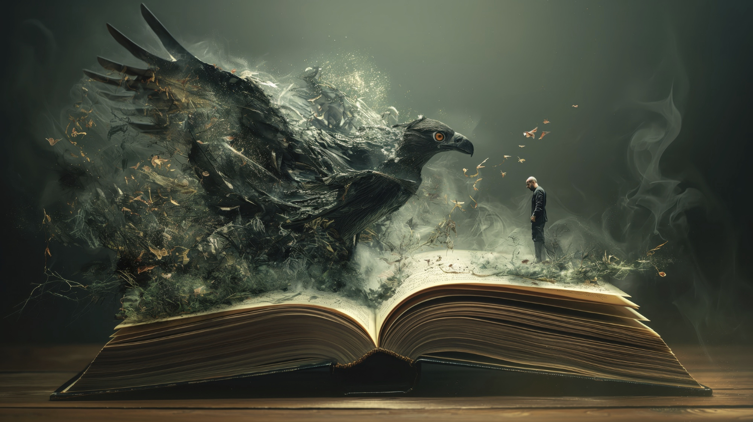 Open book with a man standing on one end and a mythical mystical bird on the other facing the man